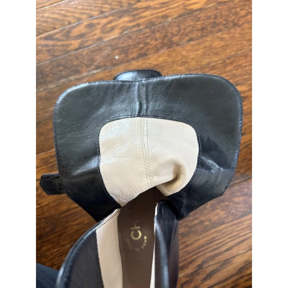 Vintage 90s Chanel Black Leather CC Logo Ankle Boots‎ Buckle Moto 36.5